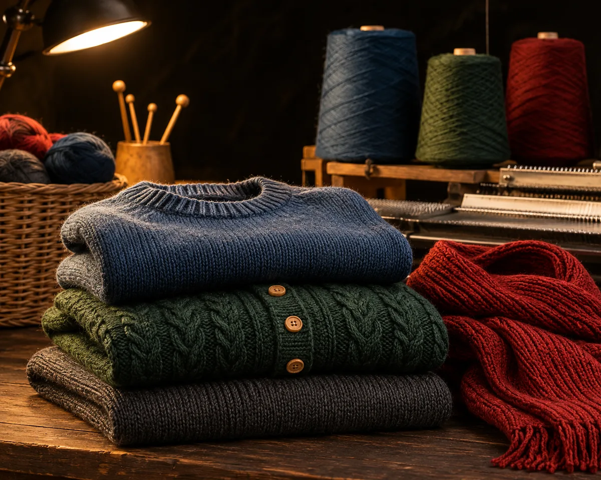 Garnkonen in Blau, Grün, Rot und Grau neben der Flachstrickmaschine im Atelier